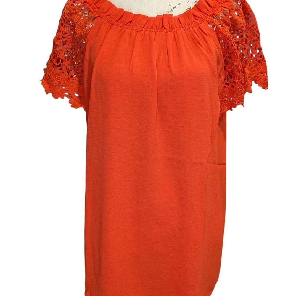 Davi & Dani Tomato Red Ruffled Neck Blouse with Crochet Lace Sleeves- Size Small